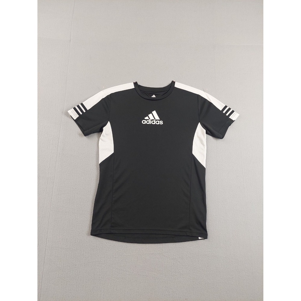 Adidas Youth Athletic Shirt L Black White Short Sleeve Crew Neck Training Wear